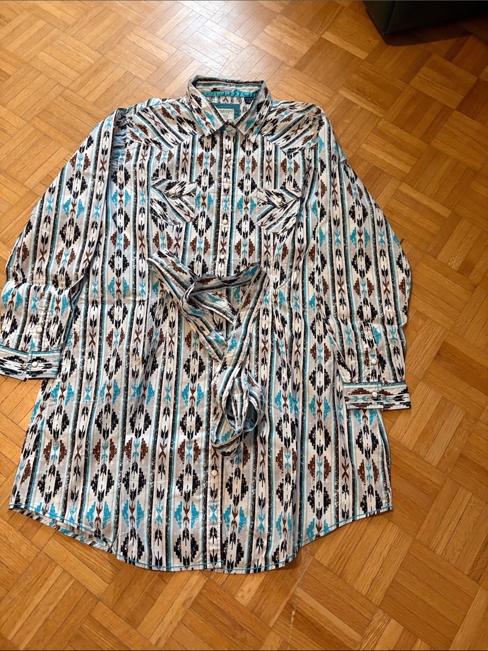 Panhandle Southwestern Print Tunic Shirt — Teal, Black & Brown